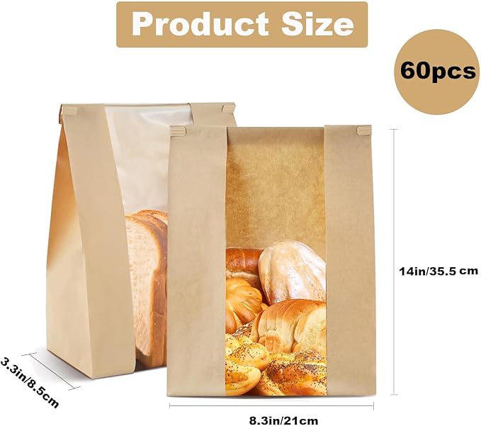 100 Pack Reusable Bread Bags with Tin Strip, Large Bakery Bags with Window, Beige, Kraft Paper with Polyethylene interior, Twist Tie Closure, Ideal for Homemade Bread, Sourdough, and More