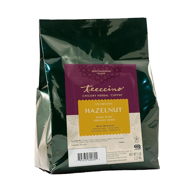 Teeccino Chicory Coffee Alternative ??Hazelnut, 5 Lb Bag, Ground Herbal Coffee That?™s Prebiotic, Caffeine Free & Acid Free, Medium Roast