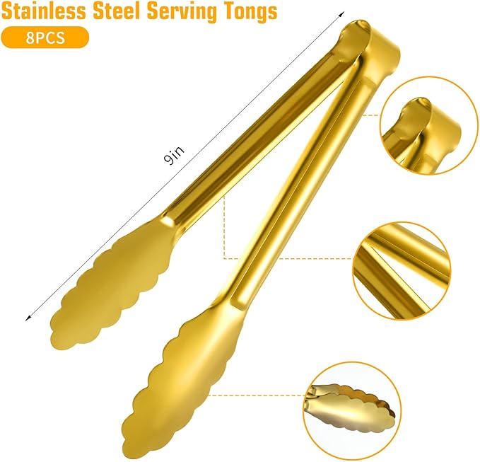 8-Piece Gold Serving Tongs, Gold Serving Utensils, Stainless Steel Plated Buffet Serving Tong,Salad Buffet Tongs,9 Inch