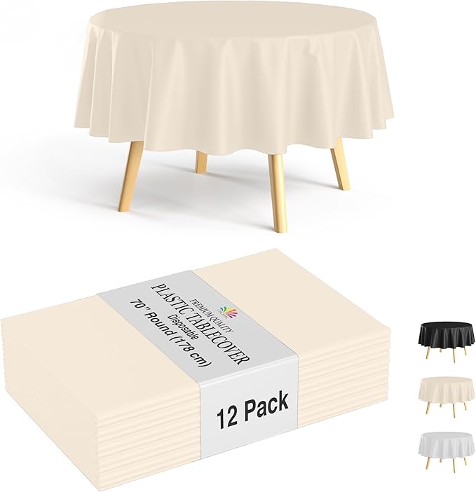 Party Solids 12-Pack Ivory Round Plastic Tablecloth Disposable ??Size: 70 Inches ??Round Plastic Table Cloths for Parties, Picnics & Formal Events