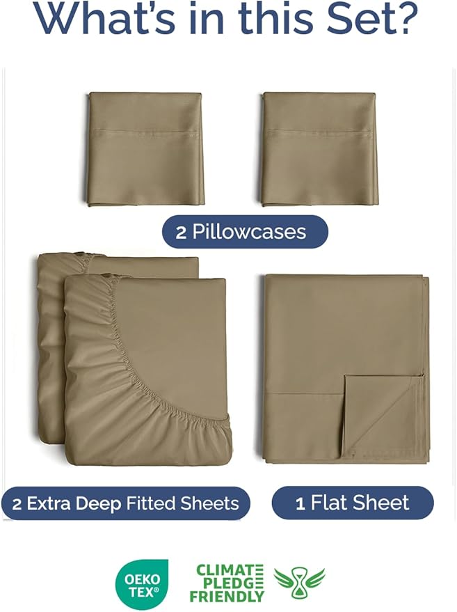 Extra Deep Pocket Split King Sheets - 5 Piece Breathable & Cooling Bed Sheets - Hotel Luxury Bed Sheet Set - Soft, Wrinkle Free & Comfy - Easily Fits Extra Deep Mattresses - Deep Pocket Khaki Sheets