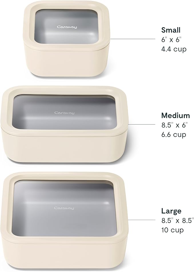 Caraway 3pc Glass Food Storage Set ??10 Cup, 6.6 Cup, & 4.4 Cup Food Containers - Ceramic Coated - Non Toxic Non Stick Lunch Box with Glass Lids - Dishwasher, Oven, & Microwave Safe - Cream