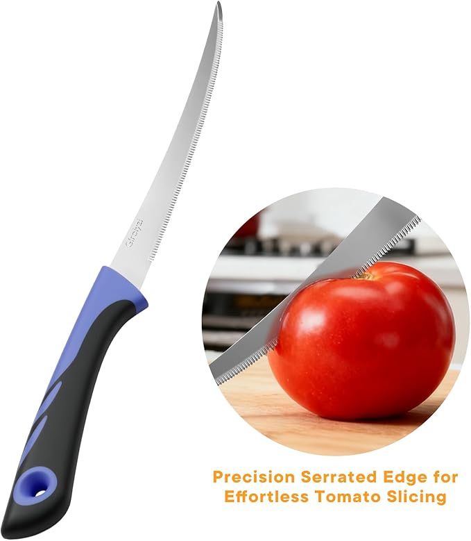 3 Pack Tomato Knife Set, Serrated Stainless Steel Paring Knives ??Ultra-Sharp Tomato Slicers with Non-Slip Handles for Fruits, Veggies & Bread