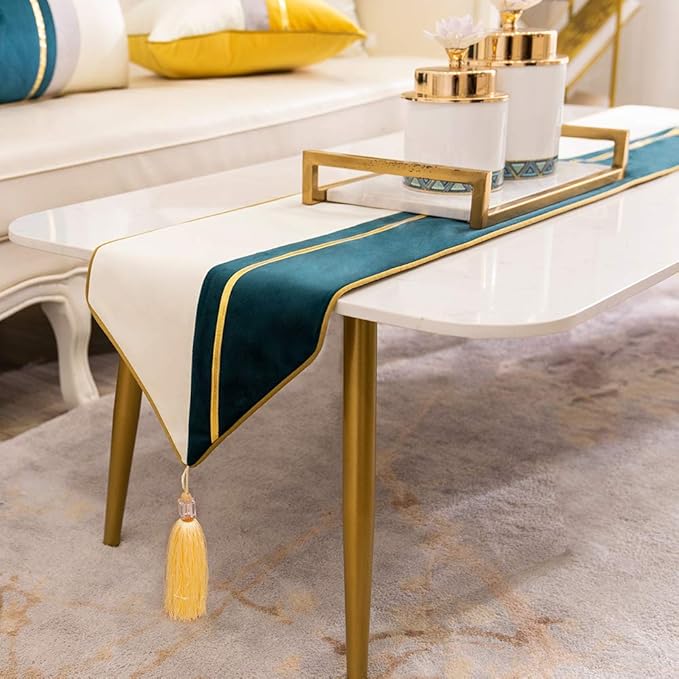 Avigers 12 x 72 Inch Decorative Luxury Green Teal White Gold Leather Striped Patchwork Velvet Table Runners with Tassels for Home Living Room Bedroom Art Decor Wedding