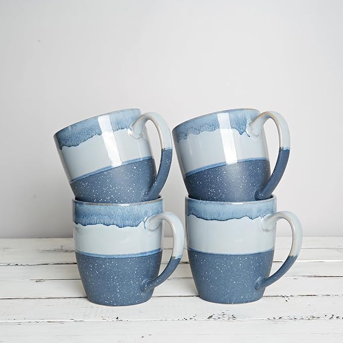 Bosmarlin Ceramic Coffee Mug Set of 4, 17 Oz, Blue Coffee Cups with Big Handle, Microwave Safe, Unique Reactive Glaze