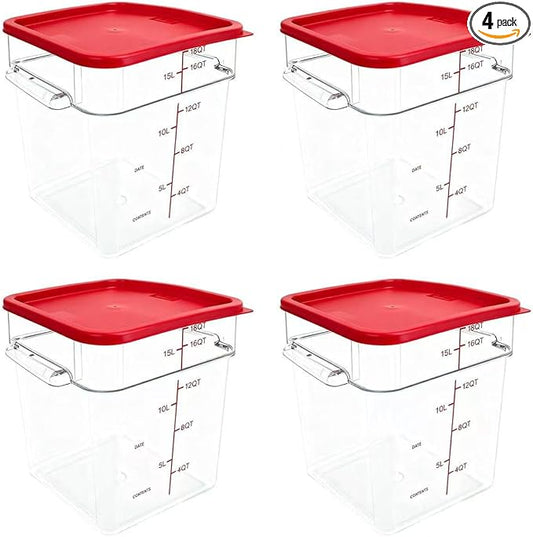 4 Pack Food Storage Containers with Red Lids, 18.0 Qt - Square, Clear, Polycarbonate, for Restaurant Commercial Kitchen and Home party