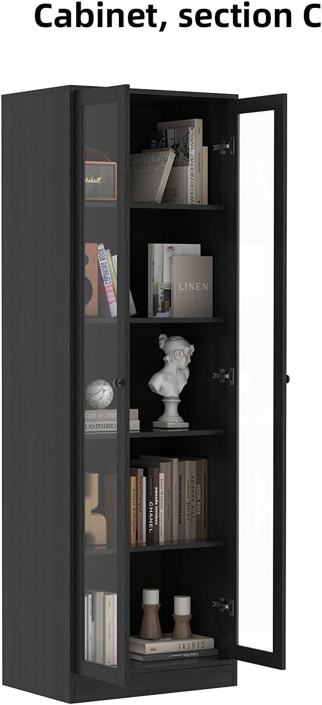 VOWNER 5PCS Bookshelf and Bookcase, 5-Tier Modern Bookshelves with 3 Large Drawer, Glass Display Cabinet with Lager Storage Shelf, Combination Storage Shelves for Home Office, (Black)