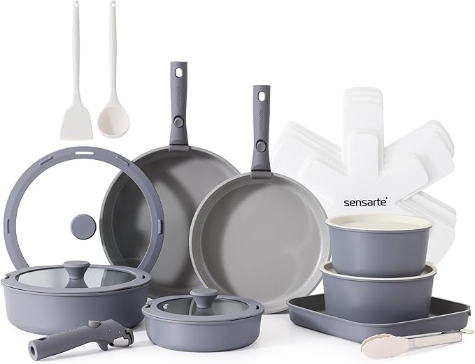 SENSARTE 24 Piece Ceramic Pots and Pans Set, Nonstick Detachable Handle Cookware, Induction Kitchen Cookware Set with Removable Handle, Healthy Non Stick for RV, Dishwasher竊냀ven Safe, PFOA Free (Gray)