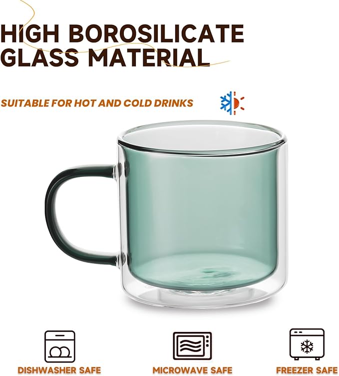 Double Wall Insulated Glass Tea Cups Set of 4, Clear Borosilicate Espresso Shot Cups for Espresso Machine, Glass Teacups Coffee Mugs with Handle for Cappuccino Latte, Green, 10OZ/280ML