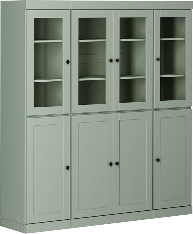 Palace Imports 100% Solid Wood Kitchen China Pantry Cabinet, 65" W - 4 Clear Glass & 4 Shaker Doors, Renewable Eco-Friendly Wood, Made in Brazil (Sage, 8 China/Shaker Doors | 2 Drawers)
