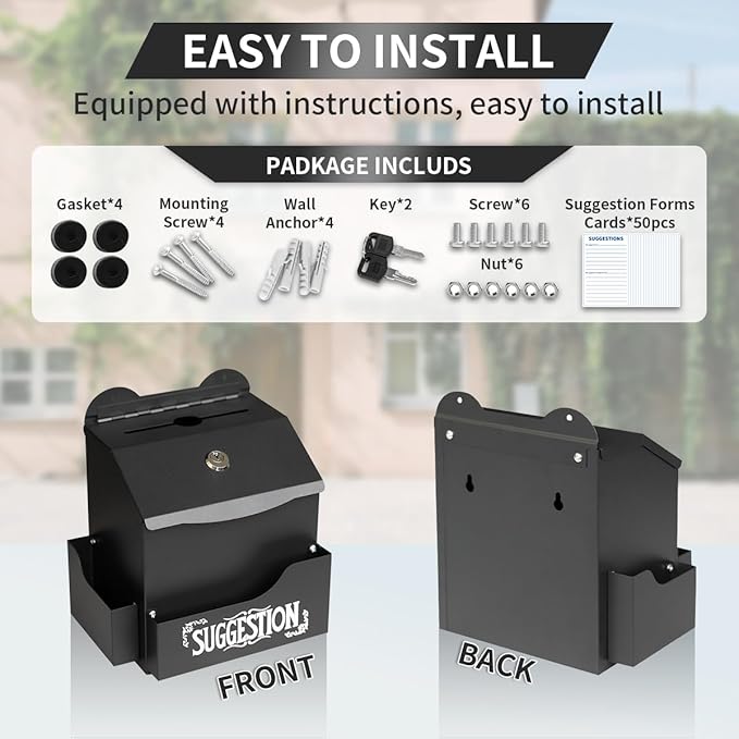 Metal Suggestion Box with Suggestions Lettering, Wall-Mounted&Tabletop With Lock Pen Holder Suggestion Cards*50pcs for Fundraising Comment Voting Prayer Money Drop Donation 8.46횞5.9횞6.96"