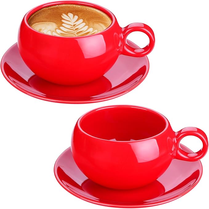 Ceramic cup and saucer Cups Set 竊?9 Ounce / 270ml 竊?Cappuccino Cups, Coffee Cups, British Coffee Cups, Porcelain Tea Set, Latte Cups竊똕et of 2 (2, red)
