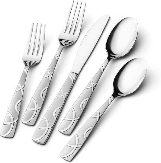 HIKAA 60PCS Stainless Steel Silverware Set, Modern Flatware Set for Kitchen, Mirror Polished Cutlery Set with Forks, Spoons and Knives竊똃ishwasher Safe