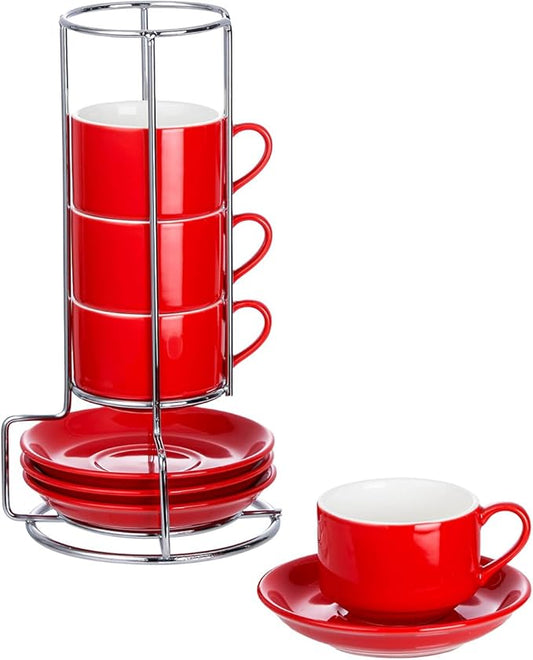 2.5oz Espresso Cups Set of 4, Small Stackable Coffee Cups with Saucers and Metal Stand, Ceramic Demitasse Cups, Cappuccino Cups for Coffee Drinks, Latte, Red