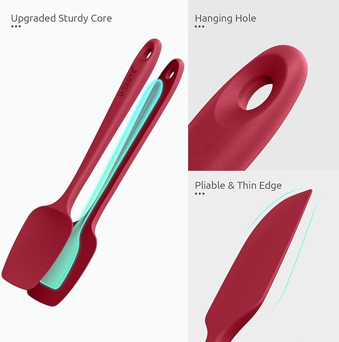 U-Taste Flat Spatula & Spoon Spatula: 11.38in 600쨘F Heat Resistant Silicone Bowl Scraper, Flexible Rubber Kitchen Cooking Mixing Utensil with Upgraded Non-Stick Surface (Set of 2, Red)
