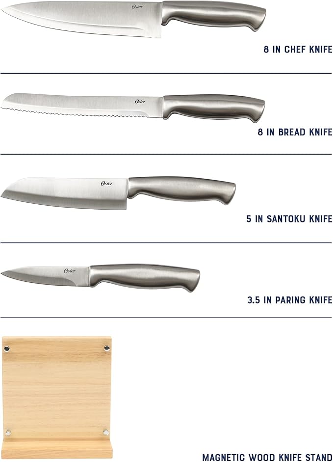Oster Baldwyn 5-Piece Stainless Steel Knife Block Set with Wood Magnetic Stand ??Countertop Display & Knife-Safe Storage
