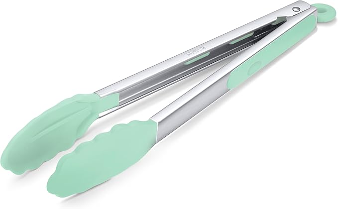 Salad Tongs, 7/9/12/16 Inch Silicone Food Tongs with 304 Stainless Steel Core, Easy-Grip, in Pistachio, Black, Blue, Orange, Red (Pistachio, 12inch)