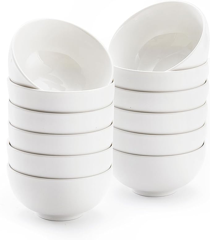 AntoKueh White 4.5in Small Ceramic Bowls 12 OZ, Cereal Bowls Set of 12 for Dessert, Rice, Family dressfamily gatherings, hosting dinner parties, bone china