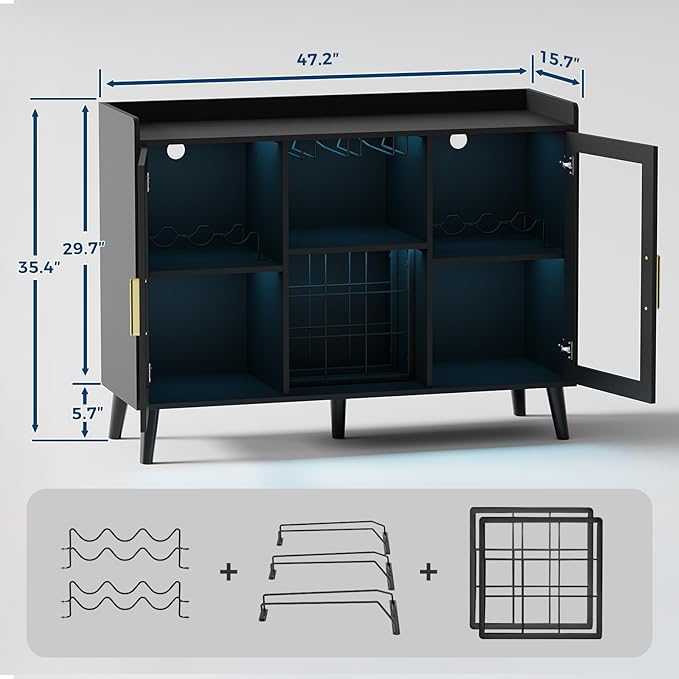 Wine Bar Cabinet with LED Lights, 47 Inch Freestanding Sideboard Buffet with Wine Rack & Glass Holder, Multi-Functional Storage Cabinet for Dining Room Living Room Kitchen, Black
