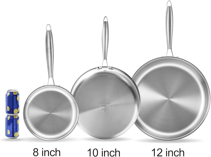 Tri-ply Stainless Steel Frying Pan 12 Inch Large Skillet for Chef's Cooking Pan Induction Oven Dishwasher Safe, Compatible with All Cooktops Up to 600??with Kitchen Tongs(Detachable Handle)
