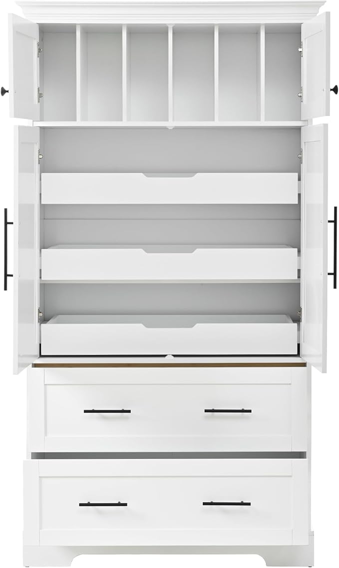 Merax 72.6" Farmhouse Kitchen Pantry Cabinet with Pull-Out Trays & Drawers, Freestanding Pantry with Cake Pan Storage, 4-Door Shaker Style Storage Cabinet, 40" L x 18" W, White