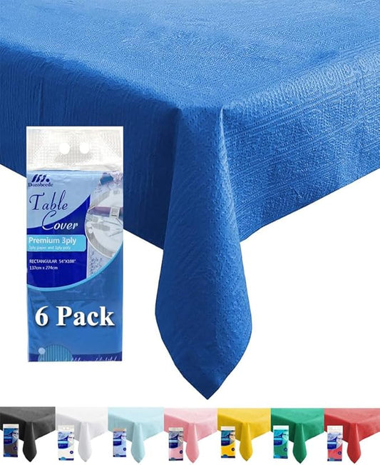 [6 Pack] Blue Paper Tablecloth Disposable for Rectangle Tables, 54X108 Inch Party Paper Table Cover with Plastic Backing, Waterproof 3 Ply Paper&Plastic Table Cloth for Banquet Birthday Indoor Outdoor