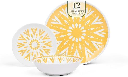 Larder & Vine 12-Piece Melamine Dinnerware Set: Durable, Lightweight, Break-Resistant Plates & Bowls ??Stylish, Non-Toxic, Dishwasher Safe ??Ideal for Everyday Use, Indoor & Outdoor Dining ??Floral