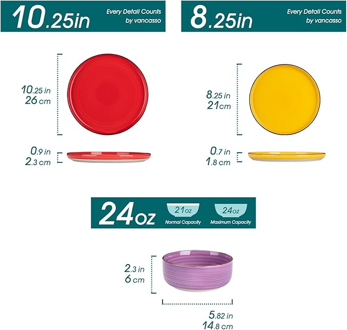 vancasso Bonita Stoneware Dinnerware Sets, 12 Pieces Dishes Set竊똏olished Round Plates and Bowls Set for 4, Dishwasher and Microwave Safe, Multicolor