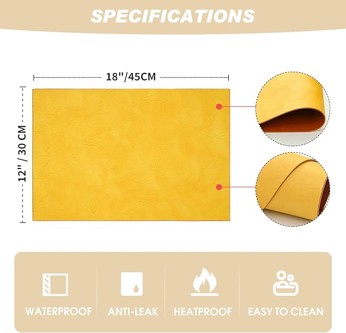 Artoid Mode Yellow Faux Leather Placemats Set of 4, 12x18 Inch Waterproof Wipeable Heat Resistant Place Mats, Reversible Table Mats for SummerKitchen Dining Decor