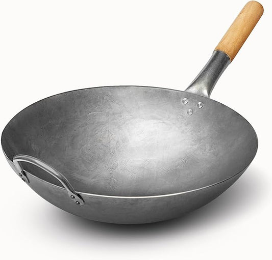 SUNRISE Kitchen Supply 1.8 mm Thickness Heavy Duty Hand Hammered Carbon Steel Wok 14 inch, Round Bottom