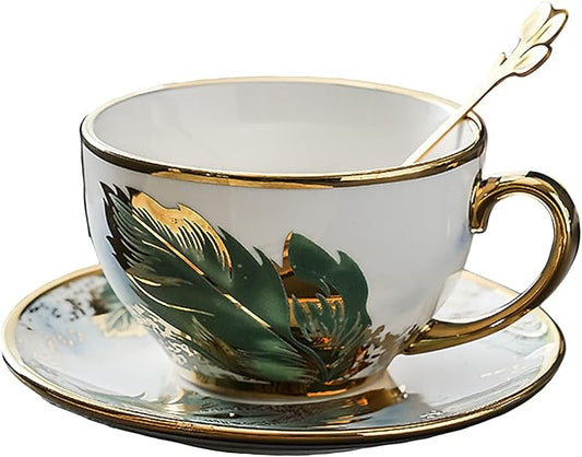 Golden Handle Ceramic Tea Cups, Vintage Feather Pattern Espresso Coffee Mug Set with Saucer & Spoon, 7.74 Oz, Style 1