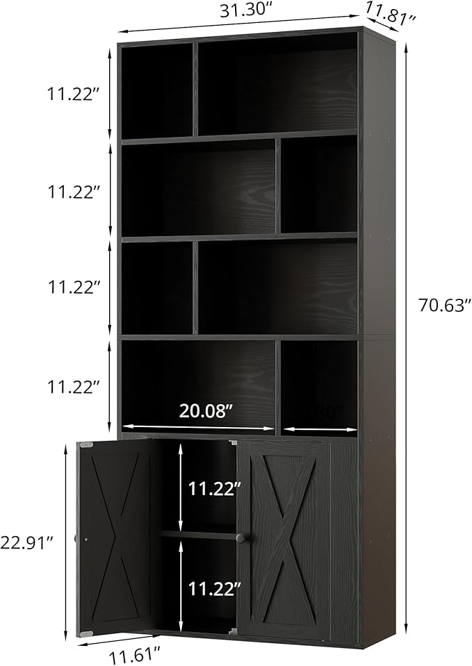 IRONCK Bookcase with Doors, Tall Bookshelf with Storage, Bookshelves and Bookcases with 8 Open Cubes for Living Room, Bedroom, Office