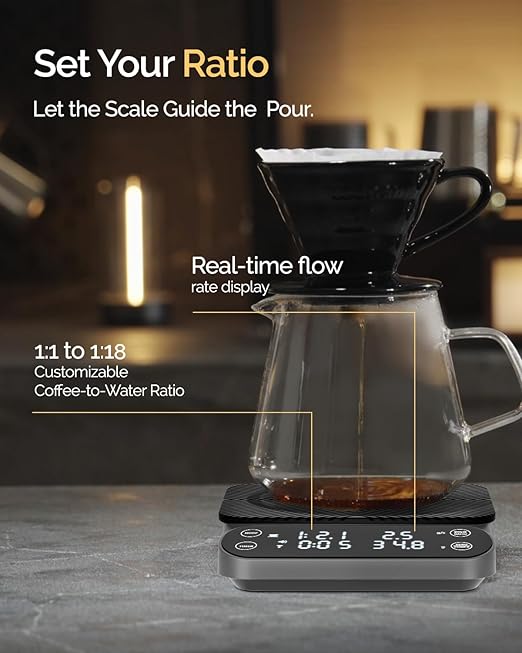 Maestri House S3 Coffee Scale with Timer, 3kg/0.1g Rechargeable Digital Scale, 3 Brew Modes, Adjustable Ratios & Flow Rate Display, Barista-Grade for Pour-Over, Espresso, French Press ??Grey