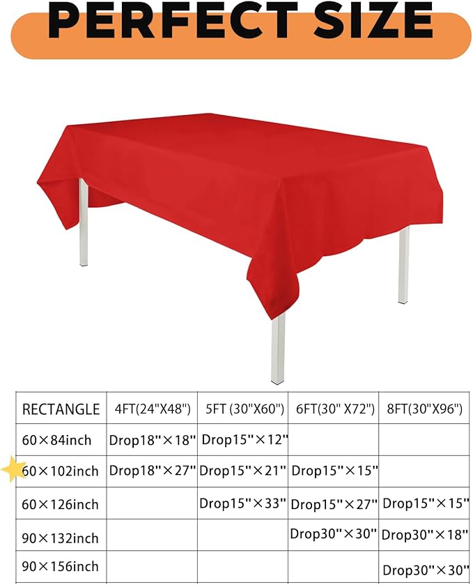 TWINPRET Rectangle Tablecloth 60 x 102 Inch, Red Waterproof Washable Polyester Table Cloth - Stain & Oil Resistant Rectangular Table Cover for Banquet & Party (Fits 6 Foot Tables) [2 Pack]