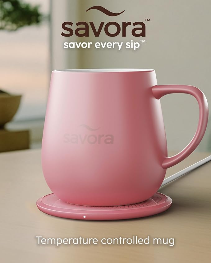 12oz Heated Coffee Mug | Barista?셲 Choice | Exclusive Wireless IntelliHeat Pad | Temperature Control Maintains 135째F | Hand-Crafted Ceramic Mug & Lid | Great for Tea Drinkers | Backed for Life - Pink
