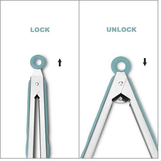 ALLWIN-HOUSEWARE W 304 Stainless Steel Kitchen Cooking Tongs, 9" and 12" Set of 2 Sturdy Grilling Barbeque Brushed Locking Food Tongs with Ergonomic Grip, Aqua Sky