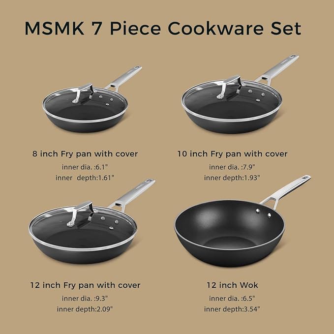 MsMk Non Stick Pans Set 7-Piece, 8, 10, 12 Inch Frying Pans and 12 Inch Induction Wok with Tempered Glass Lids, PRO Heat Distribution, Stay-Cool Handles, Oven Safe 700?? Compatible with All Cooktops