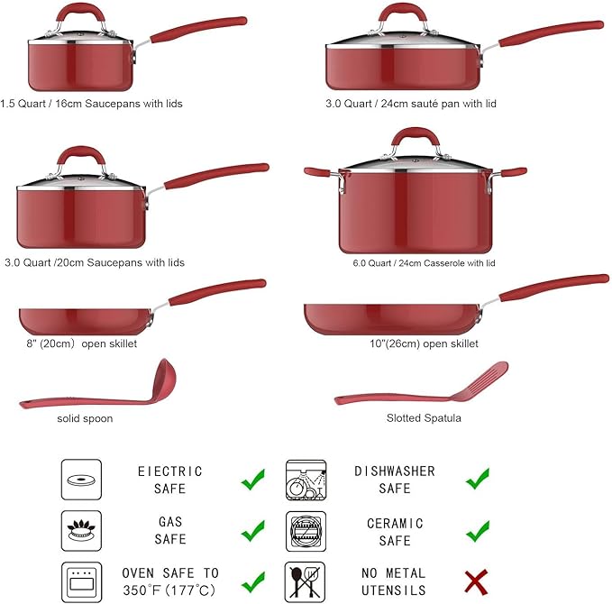 Amazon Basics Aluminum NS 12pc Red cookware set, 12 piece