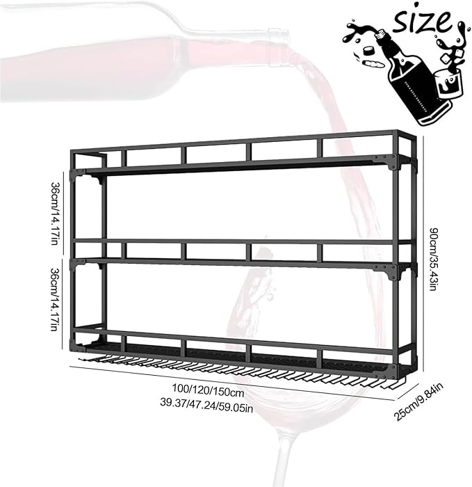 Wall Mounted Wine Rack, Floating Industrial Liquor Glass Holder 3 Tiers, Large Metal Wine Bottle Display Rack Hanging Shelf, for Home Bar Dining Room Decorative (Black, 59.05x35.43x9.84in)