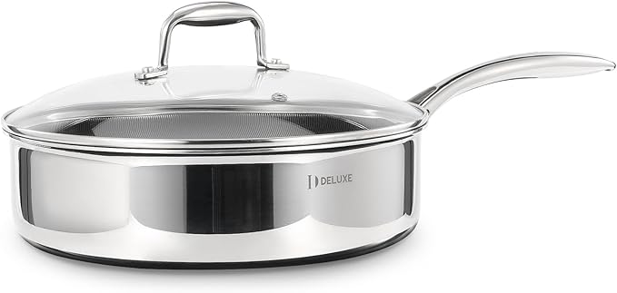 DELUXE Hybrid Ceramic Nonstick 5 Qt Deep Saut챕 Pan with Lid, Stainless Steel Skillet with Stay-Cool Handles, Dishwasher and Oven-Safe, PFOA Free Deep Frying Pan, Compatible with All Cooktops