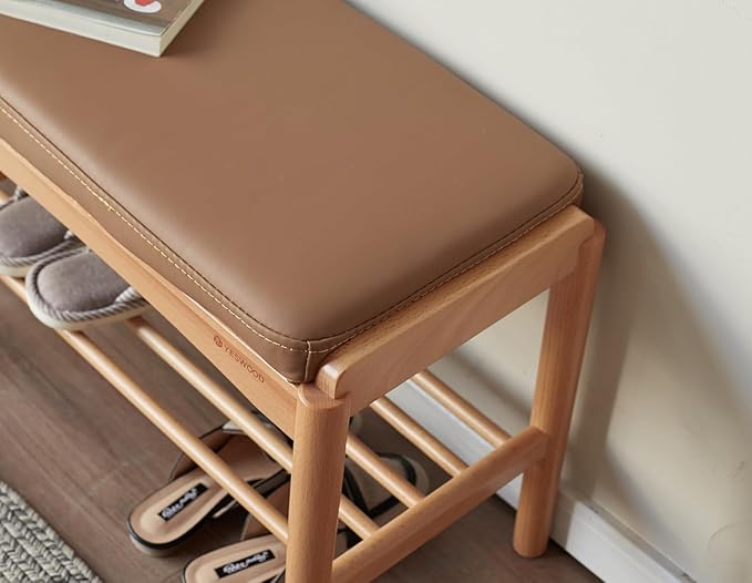 Vadisun Solid Wood Shoe Bench Assembled, Shoe Rack Bench with Silicone Leather Cushion for Entryway, Living Room, Bedroom, Hallway, 11.8" x 31.5" x 16.5", Natural & Brown
