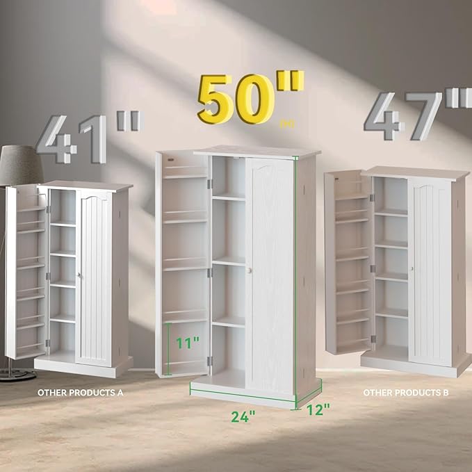 50" LED Kitchen Pantry Cabinet White Storage Cabinet Food Pantry with Doors and Adjustable Shelves Freestanding Buffet Cupboards Sideboard for Kitchen Living Room and Dinning Room