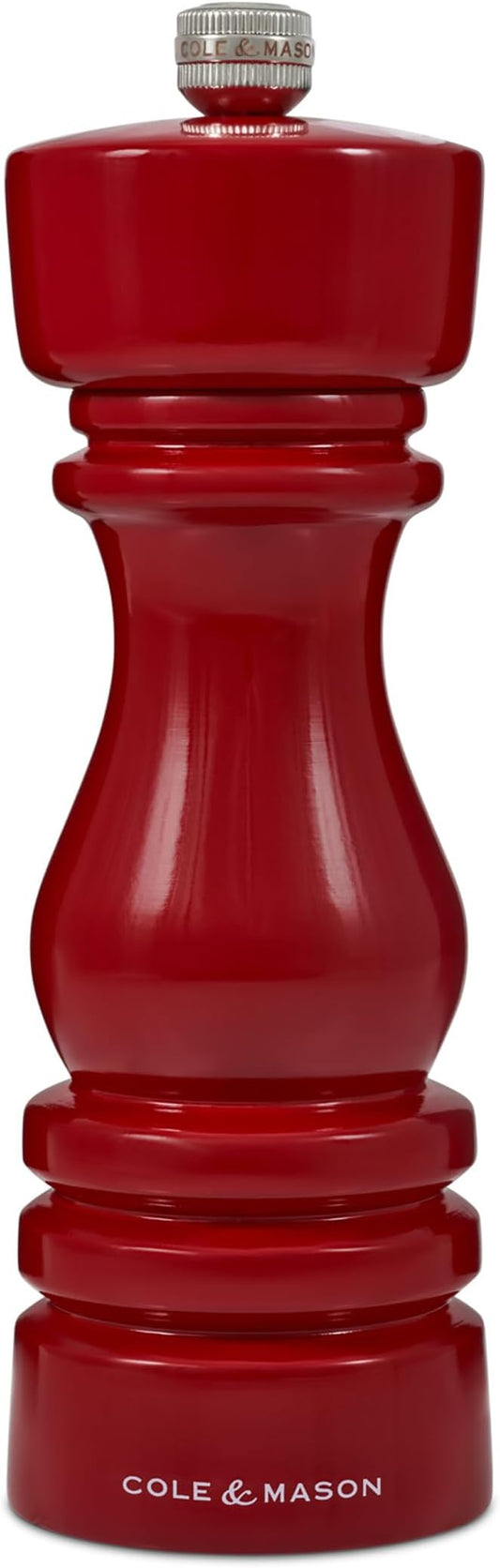 Cole & Mason London Refillable Spice Mill - Kitchen & Home Accessory - Table Black Pepper Grinder - Pepper Mill with Carbon Steel Mechanism - 7", Red Gloss