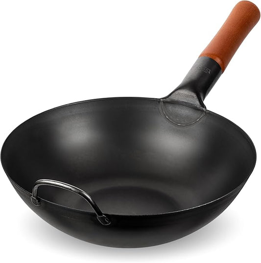YOSUKATA 11.8" Carbon Steel Wok Pan ??Pre-Seasoned Flat Bottom Pow Wok for Stir Fry, BBQ, Grill & Camping ??Traditional Japanese Chinese Cookware ??Compatible with Induction, Electric, Gas, Open Fire