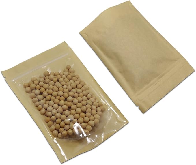 FERENLI 50 Pcs 7x10.2 inch Clear Front Brown Kraft Paper for Zip Plastic Package Lock Bag Doypack Stand Up Pouch Zipper Lock Reclosable Pouch Nuts Coffee Food Storage Packaging Pack