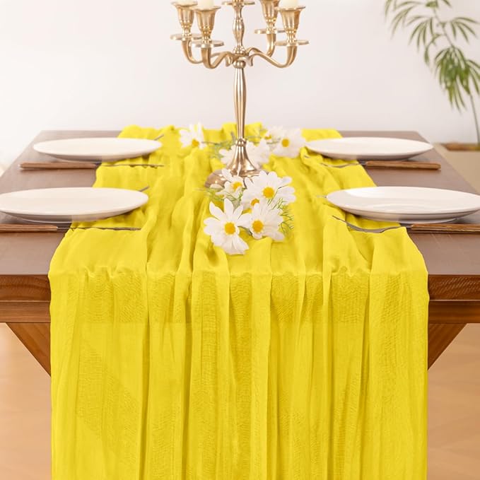 Socomi 3pcs Yellow Spring Cheesecloth Table Runner Boho Rustic Gauze 120 inch 10FT Cheese Cloth Runner for Wedding Party Baby Shower Birthday Home Decor