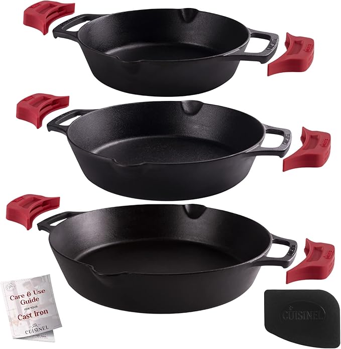 Cast Iron Skillet Set - 8" + 10" + 12"-Inch Dual Handle Frying Pans + Silicone Handle Holder Covers + Pan Scraper - Pre-Seasoned Oven, Grill, Stovetop, Induction Safe Cookware - Indoor/Outdoor Use