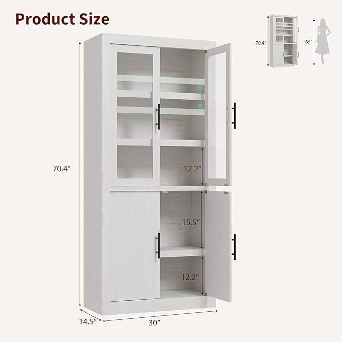 70.45??Tall Farmhouse Kitchen Pantry Cabinet, Wood Storage Cabinet with 4 Doors & Adjustable Shelves, Anti-Tip Design, Sturdy Bookcase for Kitchen/Dining/Office, Rustic White-Glass