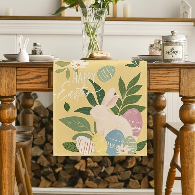 Artoid Mode Yellow Bunny Eggs Leaves Flowers 210 GSM Easter Table Runner, Seasonal Spring Kitchen Dining Table Decoration for Home Party Decor 13x72 Inch