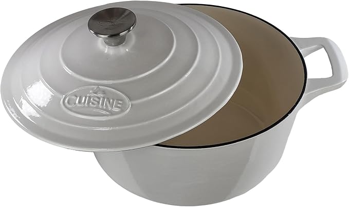 La Cuisine Enameled Cast Iron Dutch Oven Casserole Dish Pot with Lid 5 QT 10.3" /26cm Cream White Enamel Coating Interior, White Enamel Coating Exterior, Oven Safe up to 500째 F